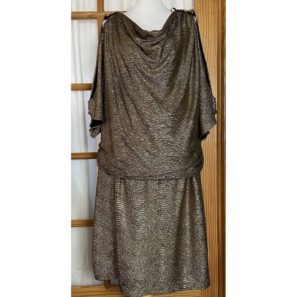 Vtg Betsey & Adam Drop Waist Dress 22W Midi Metallic Gold Glam Cocktail Wedding